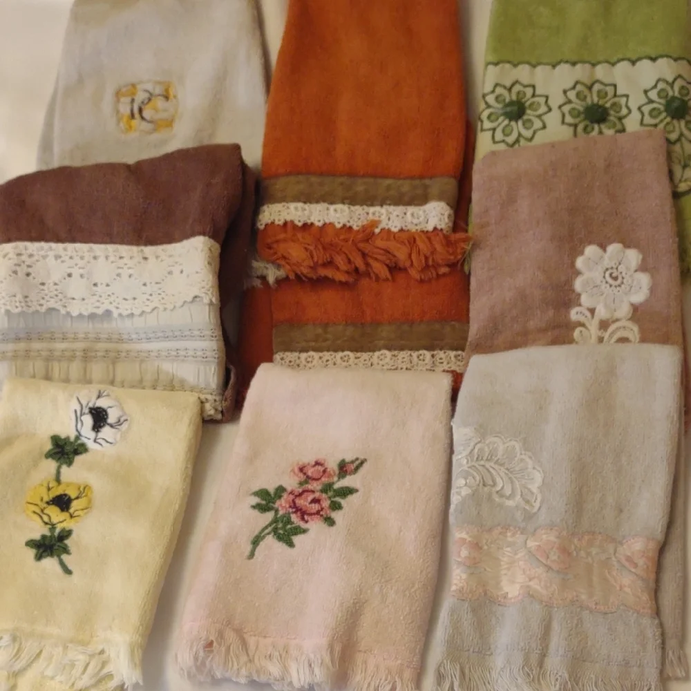 Bundle Of Vintage Colorful Embroidered Hand Towels - Floral 70s & 80's